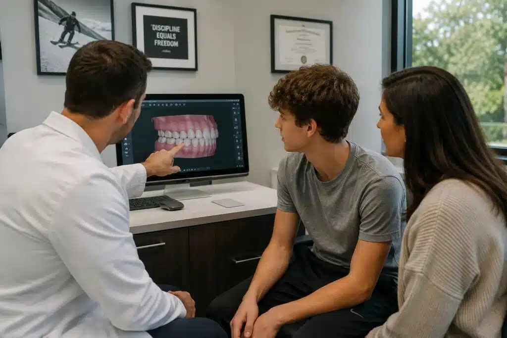 Teen reviewing an orthodontic treatment timeline with an orthodontist